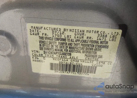 2012 Nissan Versa 1.6 Sv from USA, damaged, VIN 3N1CN7AP7CL932726